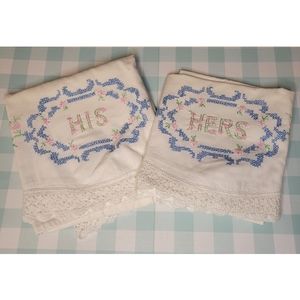 Vintage His & Hers hand embroidered pillowcases